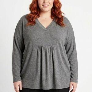 Suzanne Betro Baby Doll Top 3X Cottagecore Long Sleeve Gray V Neck Pleated Fairy